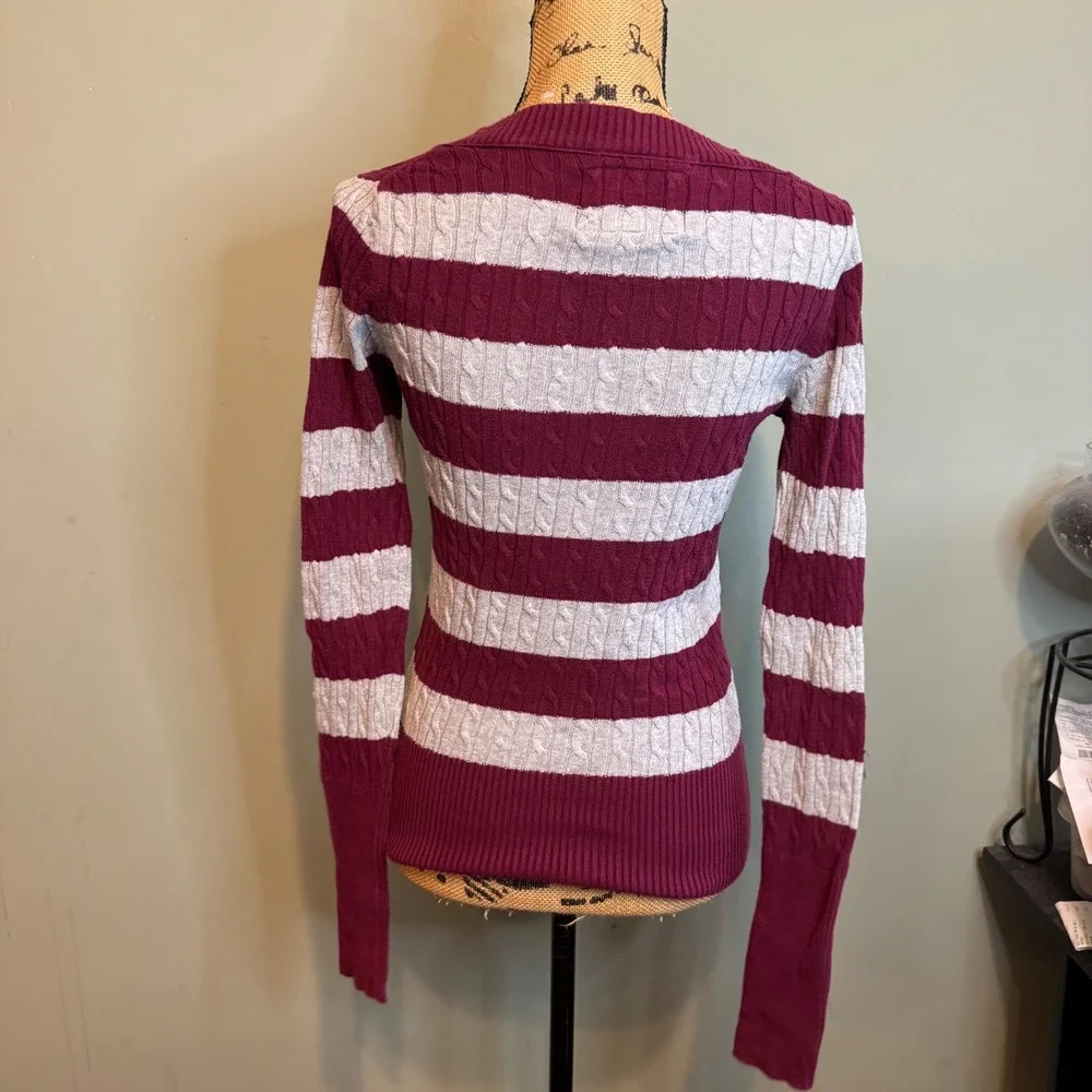 American Eagle Womens Striped Cable Knit Preppy Pullover Sweater Red Grey Medium